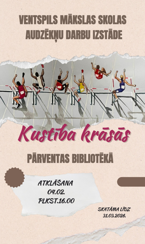 Ventspils Mākslas skolas audzēkņu darbu izstāde "Kustība krāsās" būs skatāma Pārventas bibliotēkā.